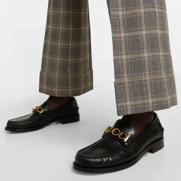 GUCCI Cara Signature Letters Logo Black Loafers Size 37.5 Leather Flat Shoes - Picture 13 of 14